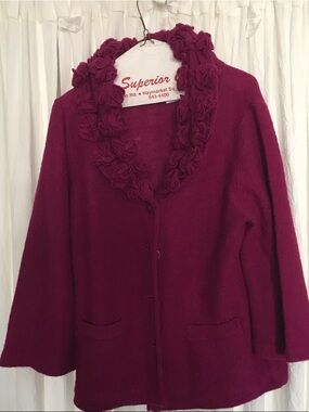 Soft Surroundings Deep Magenta Knit Cardigan with Ruffle Collar